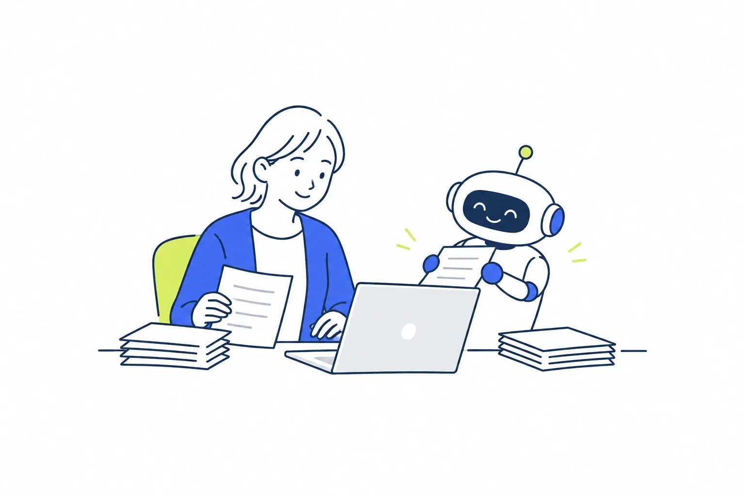 書類の整理をロボットと一緒に進める人のイラスト